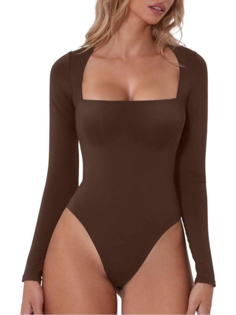 🆕Women’s Coffee Mauve Square Neck Long Sleeve Bodysuit Double Lined Sexy Top